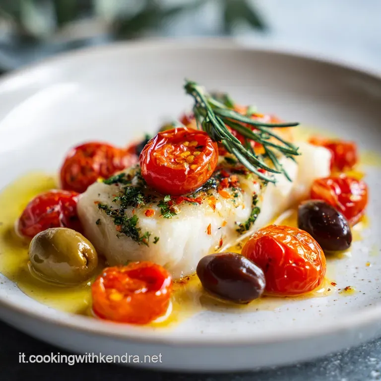 Flaky white cod fillet with juicy blistered tomatoes and briny olives, artfully arranged on a white plate, a drizzle of gr...