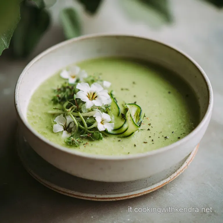 Elegant, individual bowl of silky zucchini soup, garnished with fresh herbs and a drizzle of olive oil on a linen tablecloth.