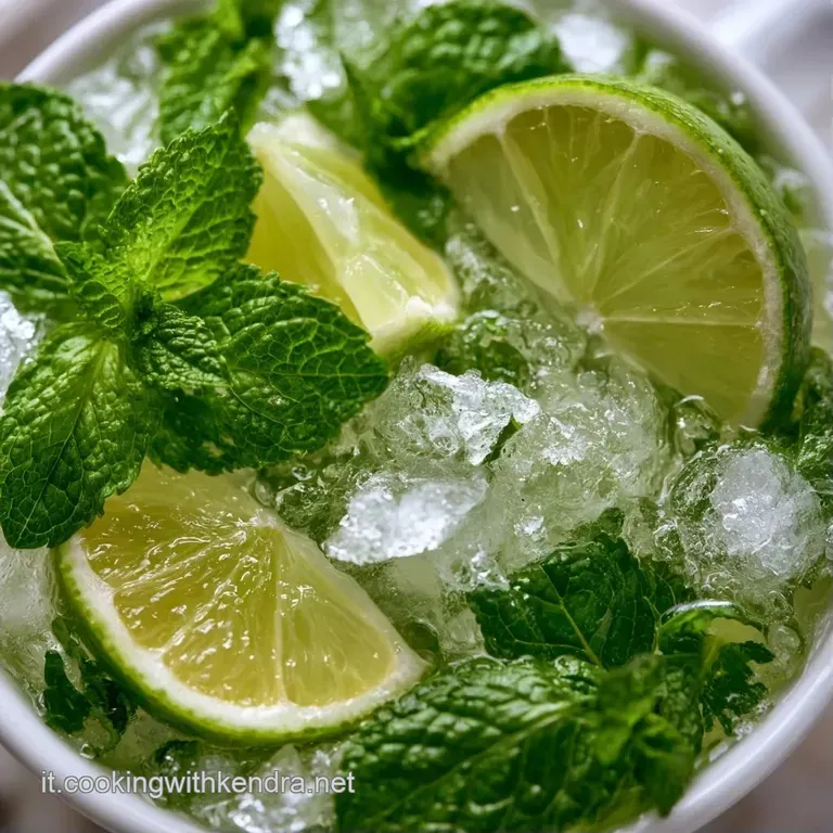 Drink rinfrescante in calice alto con condensa fredda, foglie di menta croccante e fette di lime disposte con cura.
