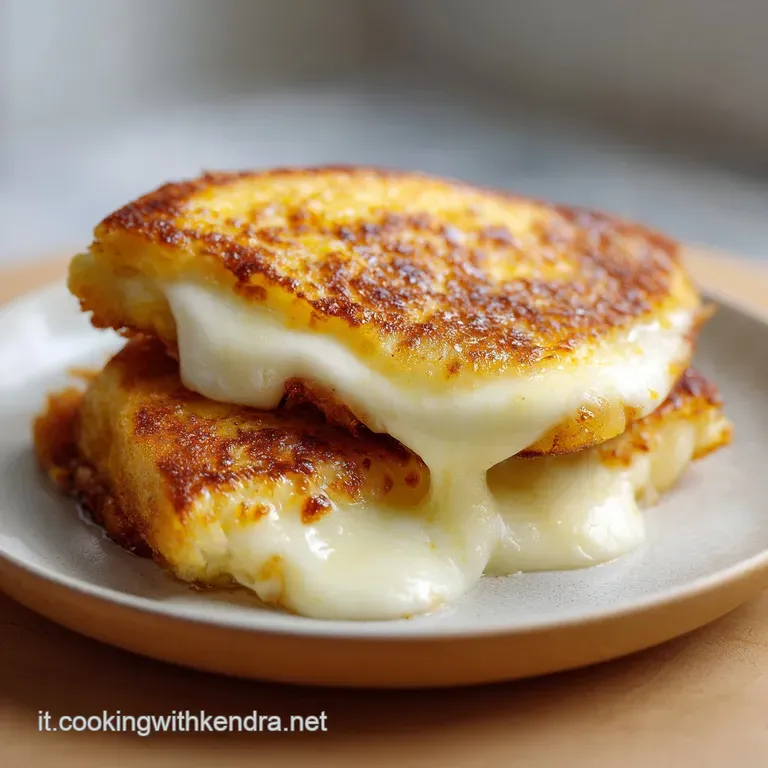 Crisp, golden mozzarella in carrozza triangles arranged on a white plate, dusted with herbs, hinting at a savory, cheesy i...