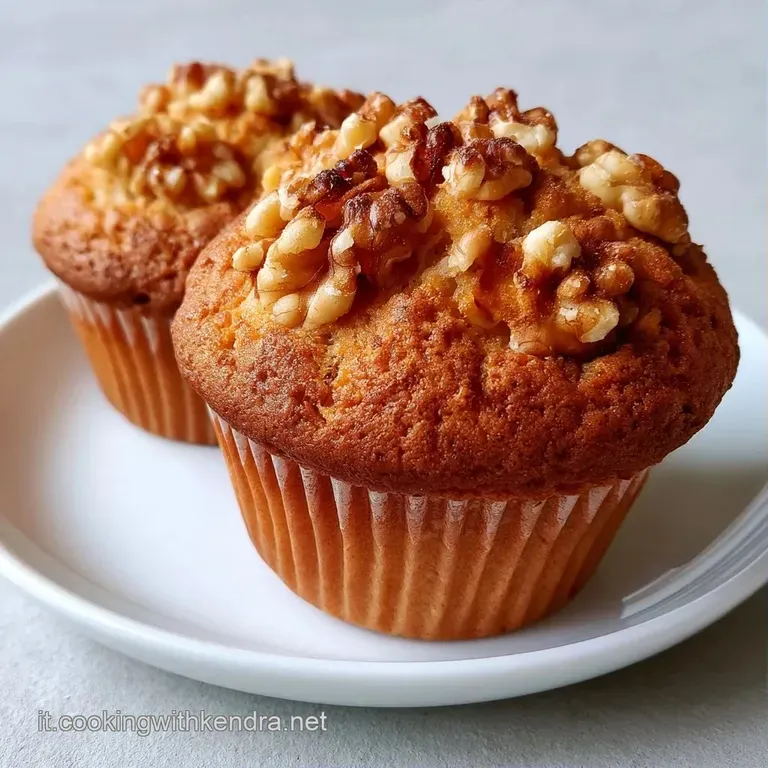 Muffin beige posati su un piatto di ceramica bianca, con texture porosa e noci tostate, in un ambiente luminoso.