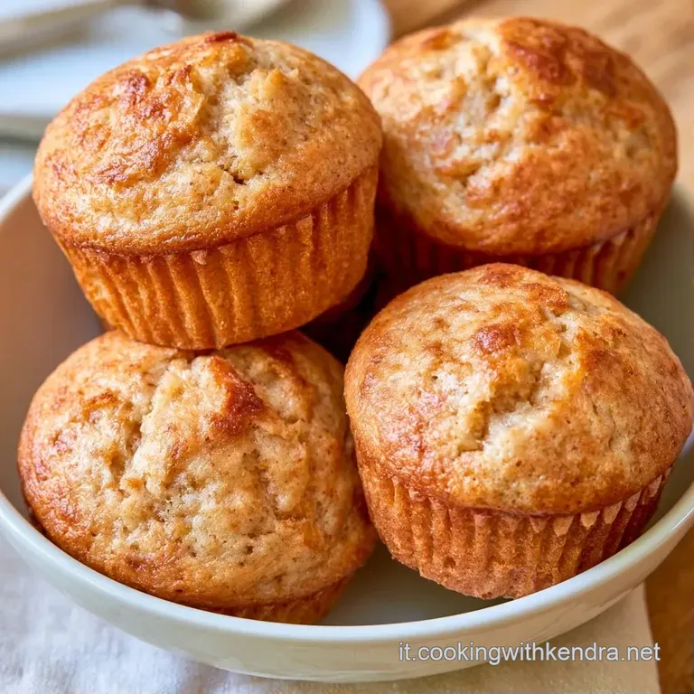 Muffin soffici e ambrati adagiati su un piatto di ceramica bianca, con una spolverata di zucchero a velo fine.