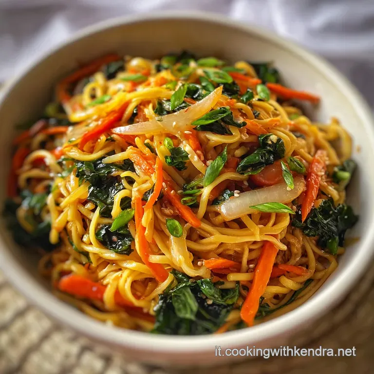 Steaming noodles and bright vegetables artfully piled in a white bowl. A sprinkle of herbs and drizzle of sauce adds a fin...