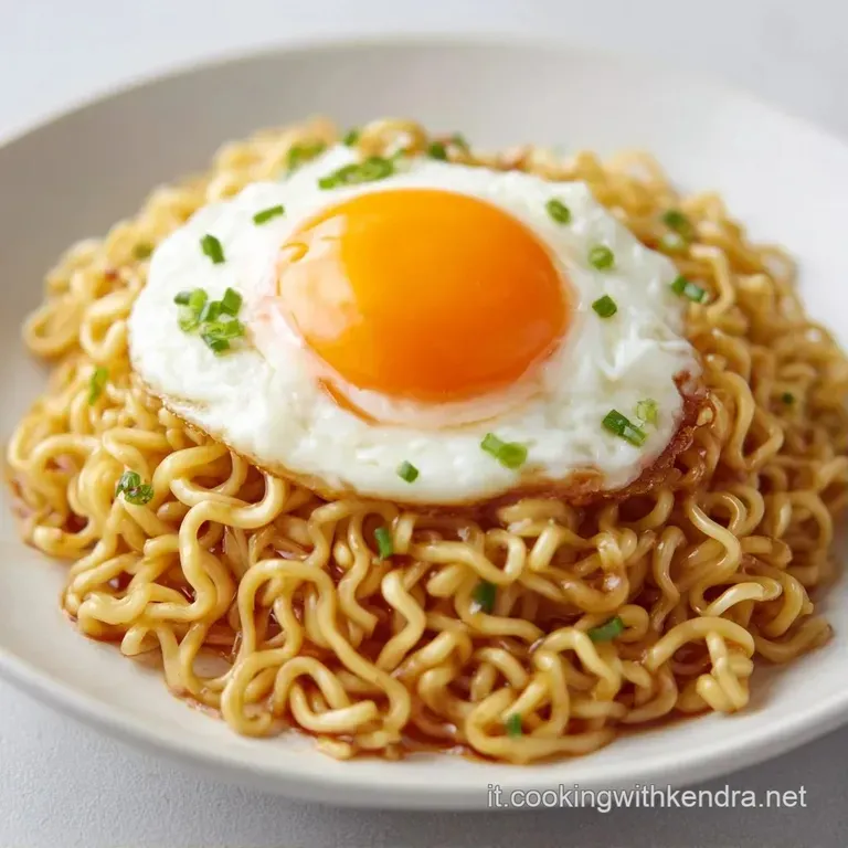 Noodles lucidi e dorati disposti con cura in una bowl scura, completati da un uovo morbido e un tocco di verde fresco.