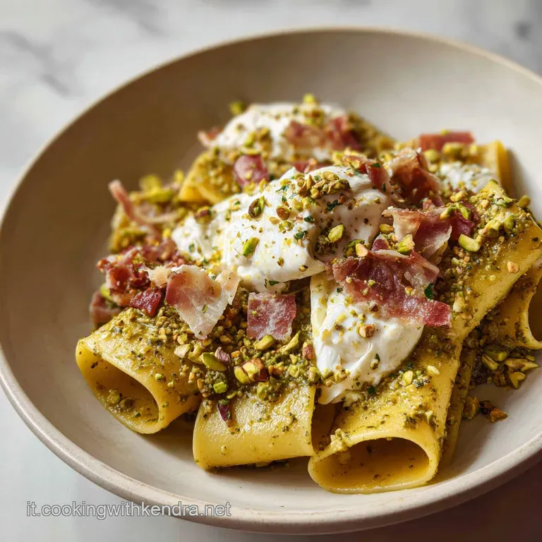 Plated pasta dish featuring glossy green pesto, milky burrata, crispy guanciale, and a dusting of cracked black pepper.