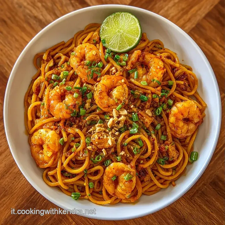 Composizione curata di noodles ambrati su piatto bianco, decorati con arachidi croccanti e cipollotto verde brillante.