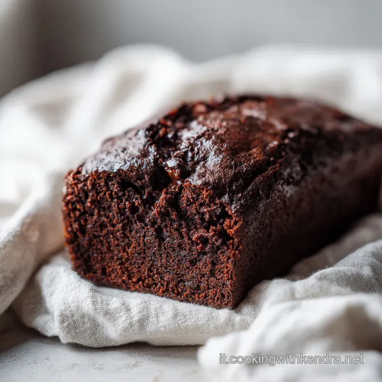 Slices of chocolate bread arranged artfully on a plate, the rich fudge glistening. A dusting of cocoa powder adds a touch ...
