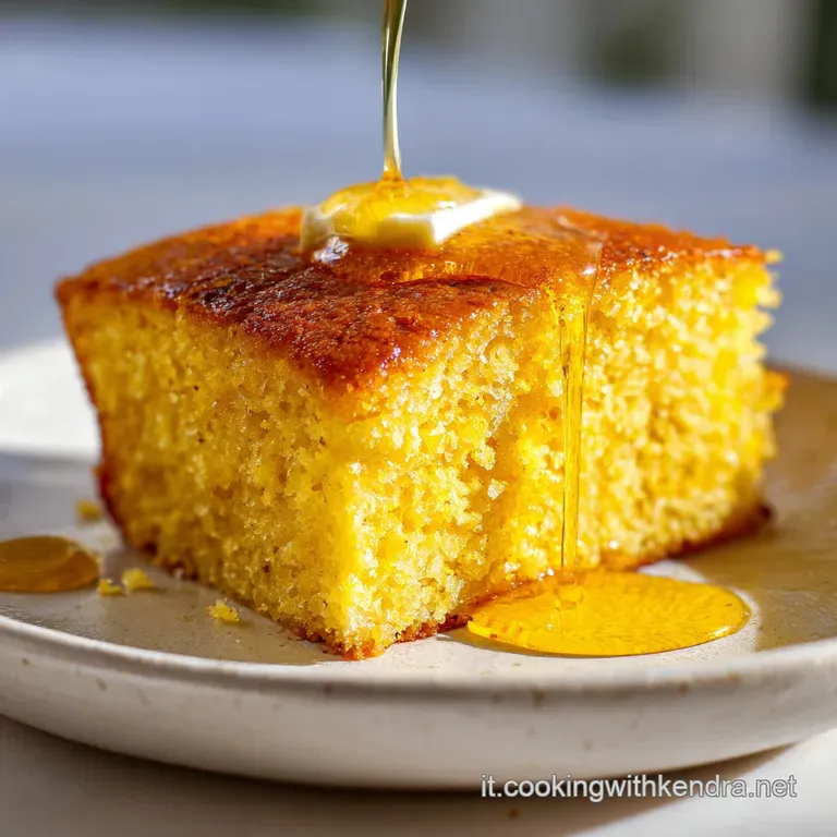 A slice of warm corn bread with glistening honey is artfully plated beside fresh berries and a sprig of mint, dusted with ...