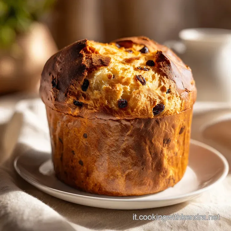 A slice of soft, airy panettone reveals a delicate crumb, showcasing bright citrus peel and dark raisins.