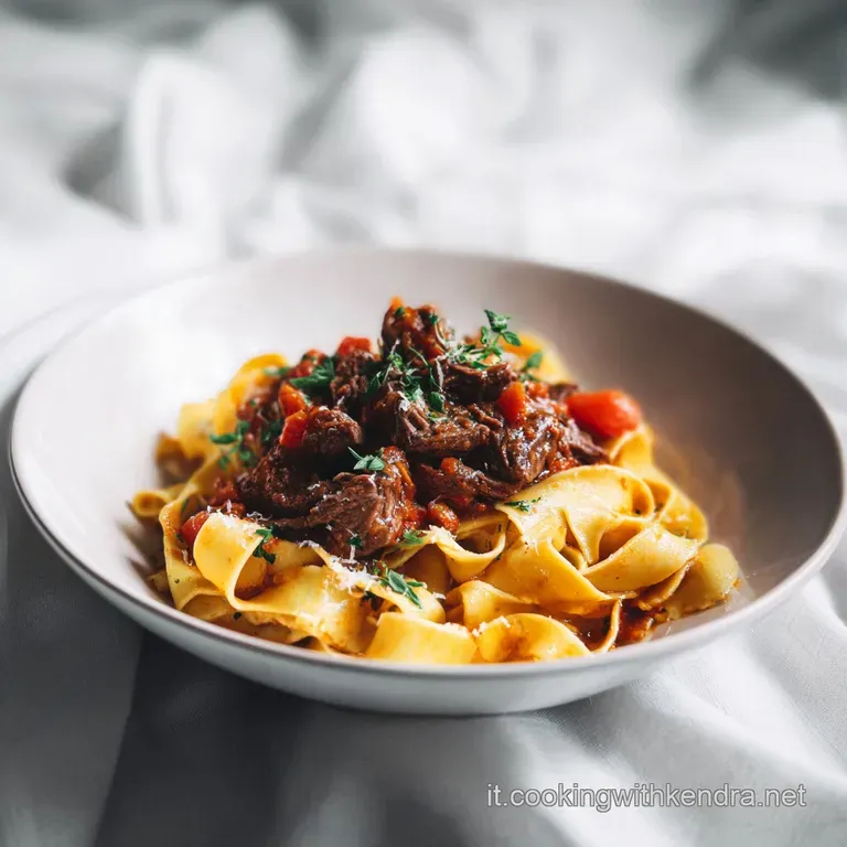 A generous swirl of pappardelle rag&ugrave; crowned with vibrant green herbs on a rustic ceramic plate.