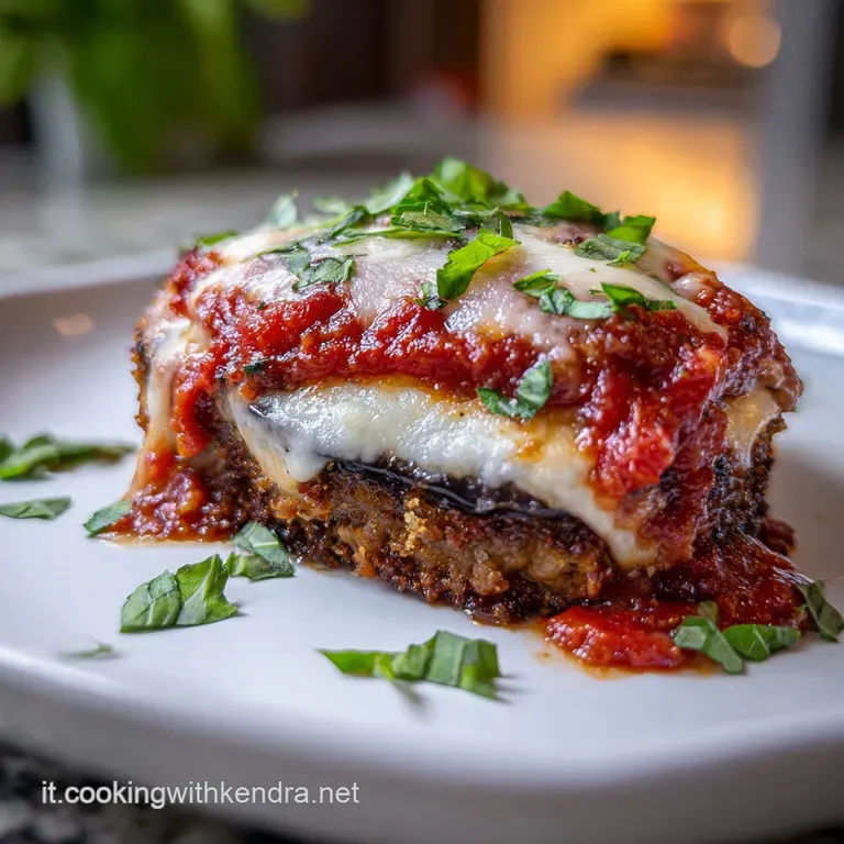 Slice of layered eggplant parm with creamy ricotta, bright tomato sauce, and basil. A vibrant, delicious, rustic Italian p...