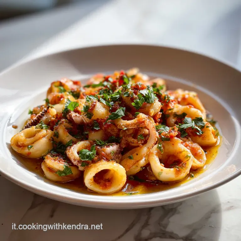 Perfectly plated calamarata pasta, glistening with sauce, garnished with basil, and a swirl of olive oil on white plate.