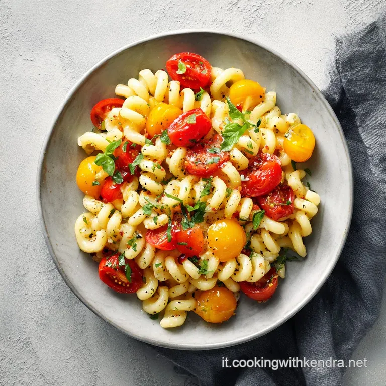 Chilled pasta tossed with diced vegetables, artfully arranged with fresh basil sprigs.