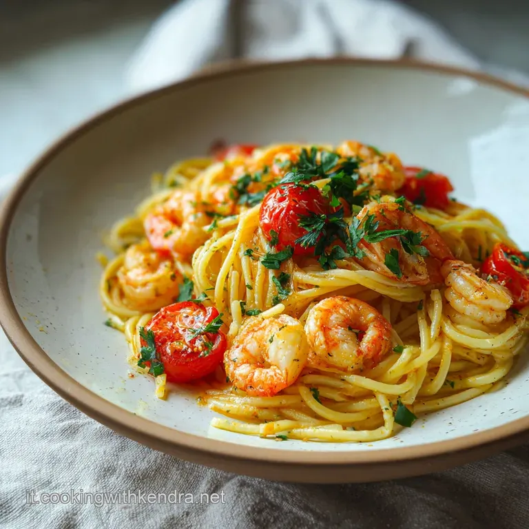 Elegant plating showcasing al dente pasta twirled with succulent shrimp. Garnished with a lemon wedge and sprig of fresh b...