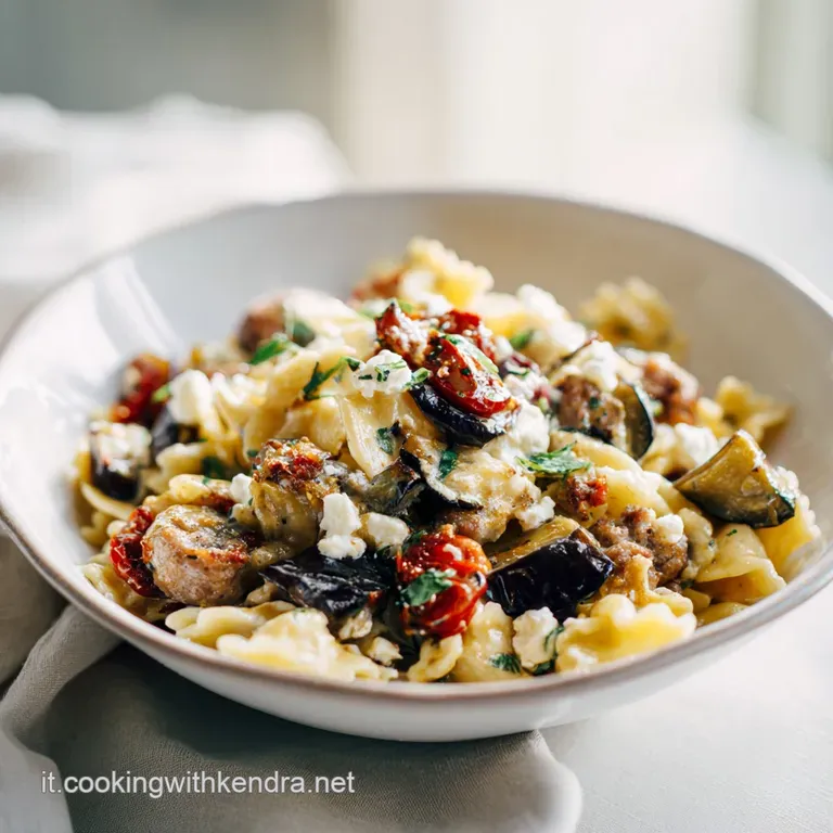 Plated pasta swirls with vibrant eggplant, crumbled sausage, and snowfall of ricotta salata; restaurant-worthy and delicious.