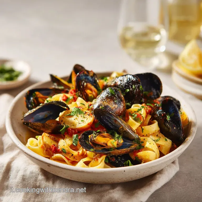 Artfully arranged pasta and mussels with a sprinkle of fresh herbs, showcasing rich textures and vibrant colors.