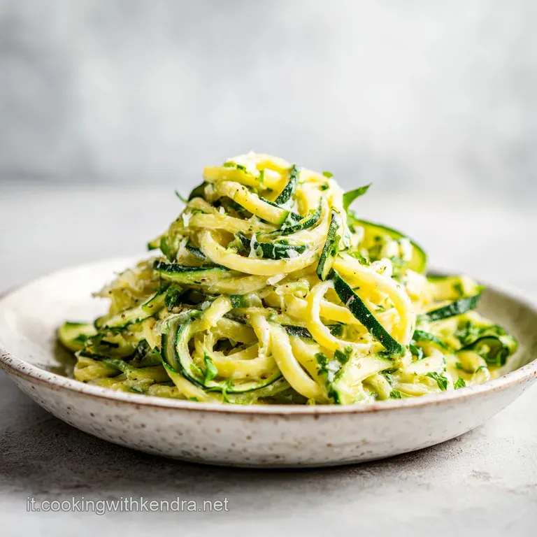 A portion of ricotta zucchini pasta piled high on a plate, glistening with olive oil, garnished with fresh basil.