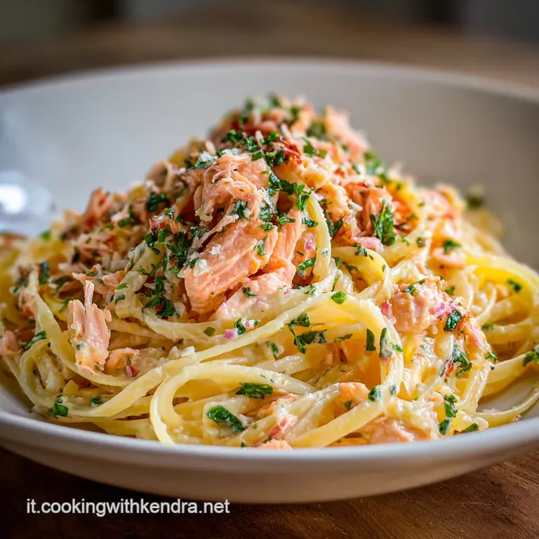 Perfectly twirled pasta strands nestled with flakes of salmon, a bright scattering of herbs on a clean white plate.