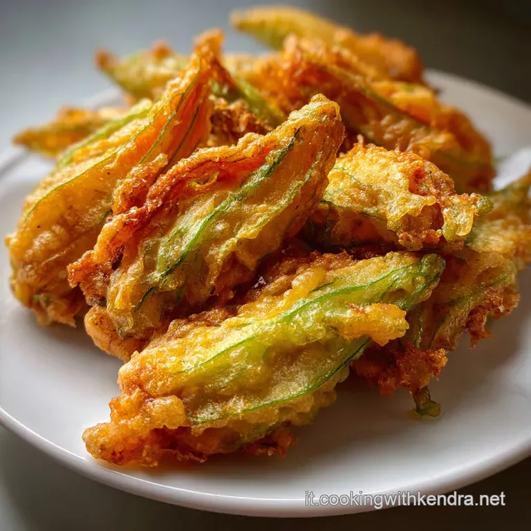 Delicate zucchini flowers, fried golden-brown, artfully stacked on a white plate with a sprinkle of fresh herbs and flaky ...