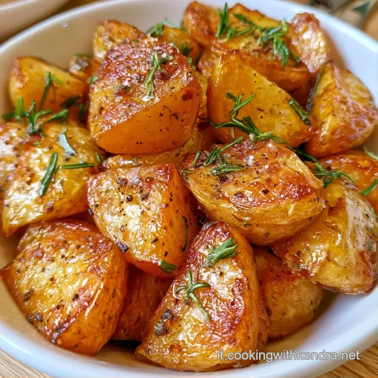 Patate dal colore ambrato disposte con cura su un piatto bianco, decorate con rosmarino e cristalli di sale bianco.