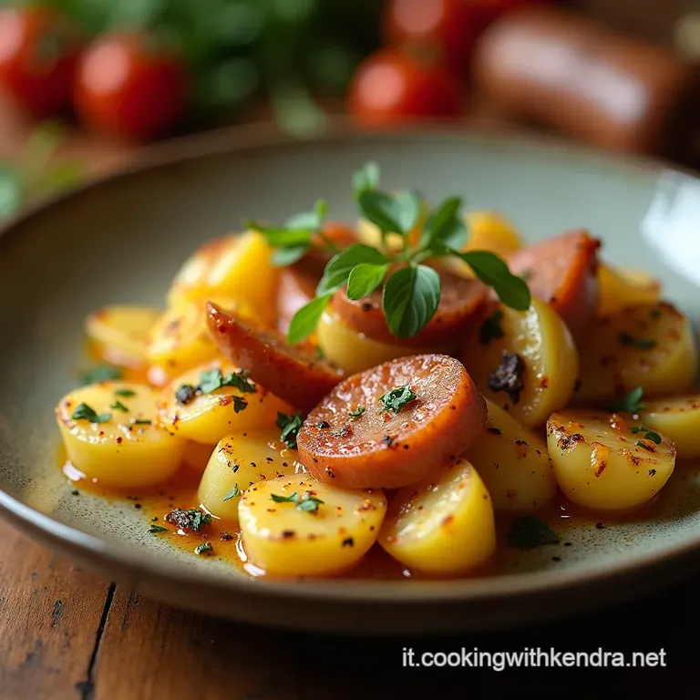 Patate Rustiche in Padella Con Wurstel Croccanti E Aromi Mediterranei presentation