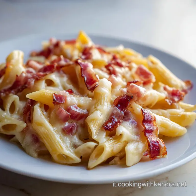 Piatto di ceramica bianca con pasta corta in un condimento denso e lucido, decorato con scaglie di formaggio stagionato.
