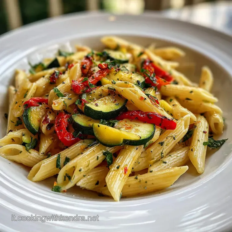 Elegant plate of pennette, showcasing the bright green zucchini and red peppers. Steam rises, hinting at warmth and freshn...