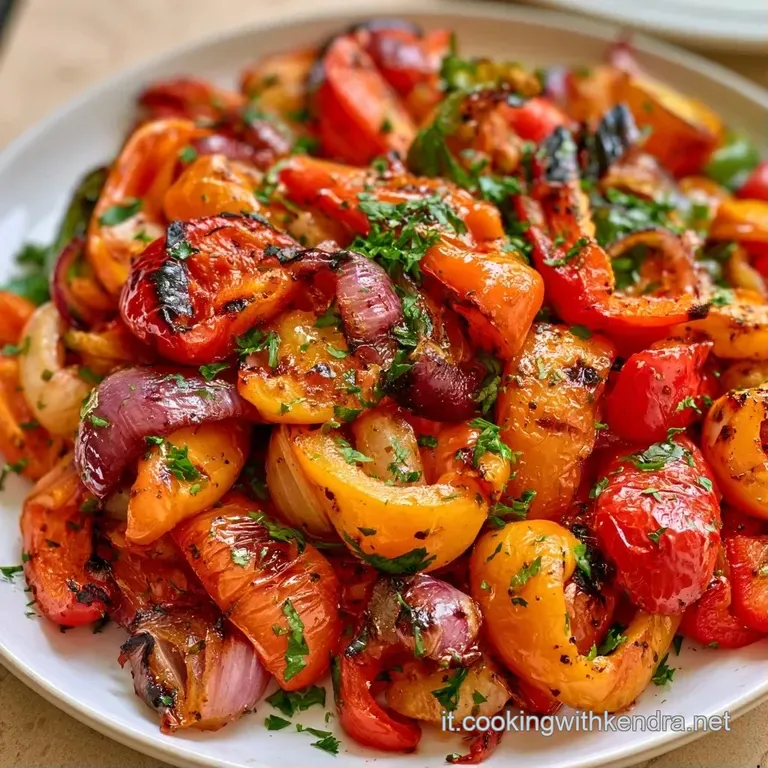 Peperoni colorati e cipolle tenere disposti con cura in un piatto bianco, lucidi e decorati con erbe aromatiche fresche.