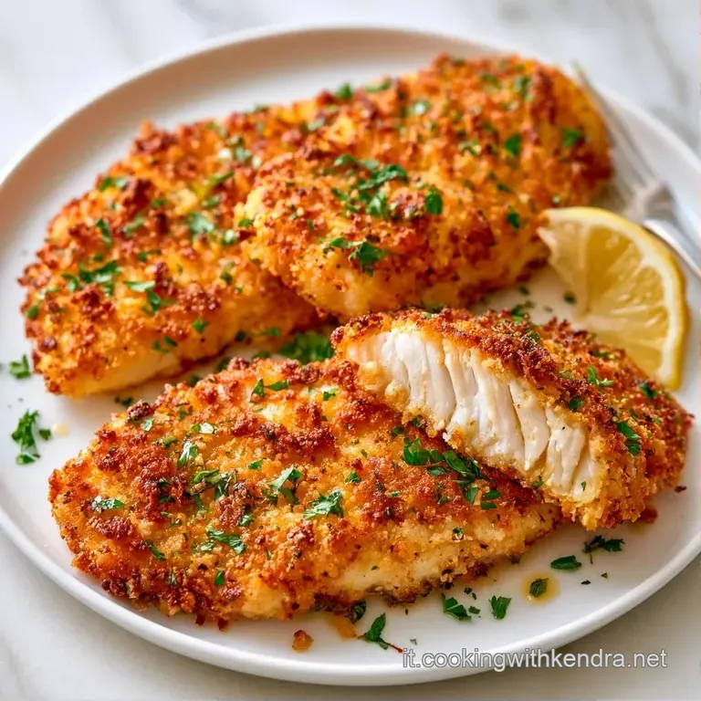 Filetto di pesce gratinato dorato, accompagnato da una fetta di limone giallo brillante e verdure al vapore colorate.