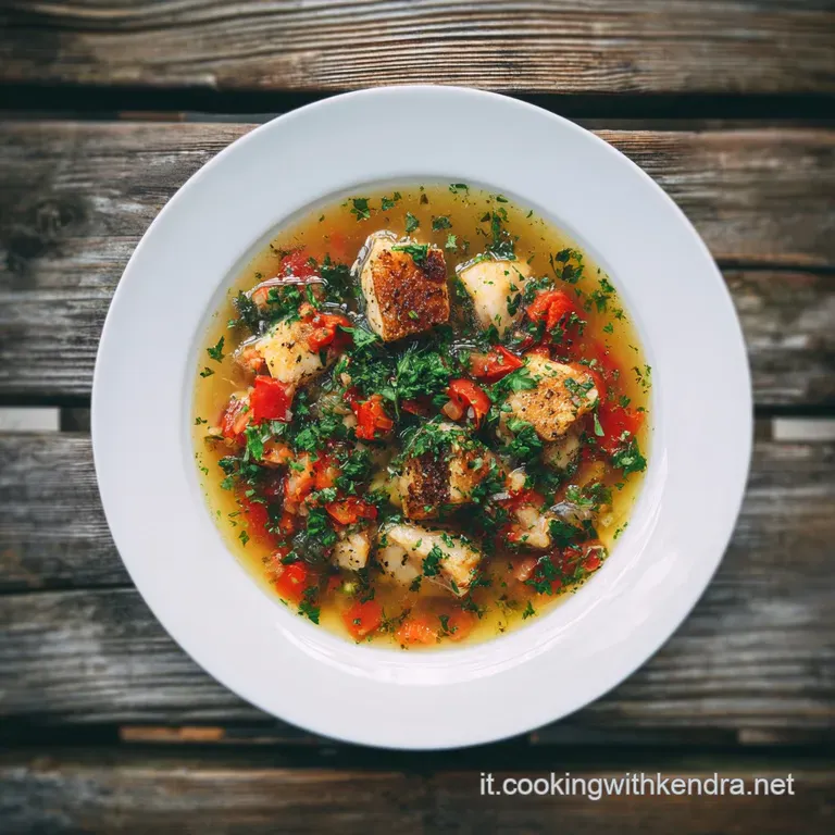 Elegant plating of flaky white fish bathed in a delicate broth, garnished with fresh herbs and colorful vegetable confetti.