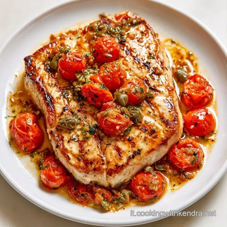 Fettine di pesce spada succose e rosate, decorate con gocce di olio lucido e rametti di erbe aromatiche su base chiara.