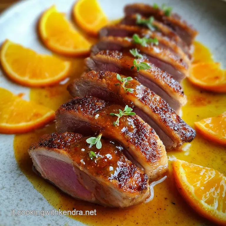 Perfectly sliced duck breast, drizzled with vibrant orange sauce, fanned across a white plate with asparagus and orange se...