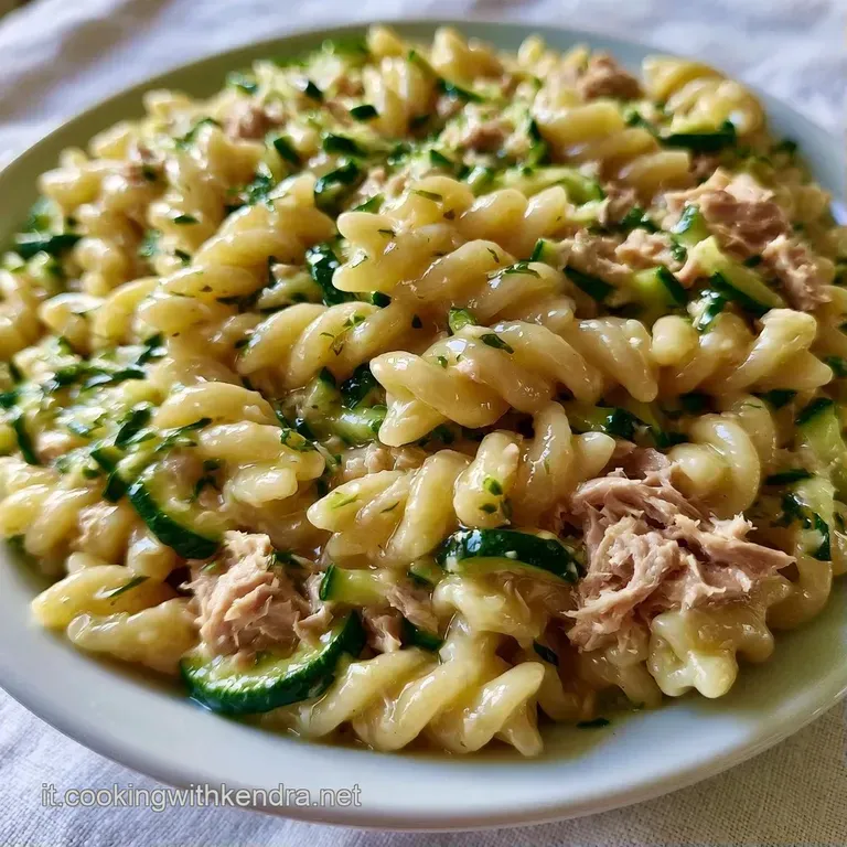 Composizione ordinata di zucchine a rondelle e tonno, guarnita con foglioline verdi di prezzemolo su ceramica bianca.