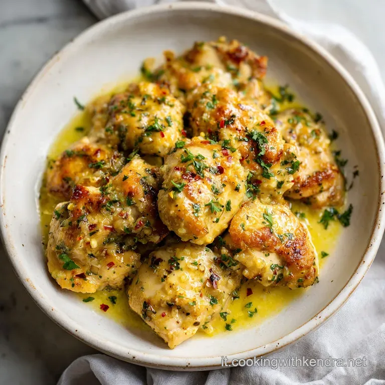 Creamy garlic butter chicken elegantly plated; vibrant green parsley contrasts against the rich, golden sauce. Delicious!