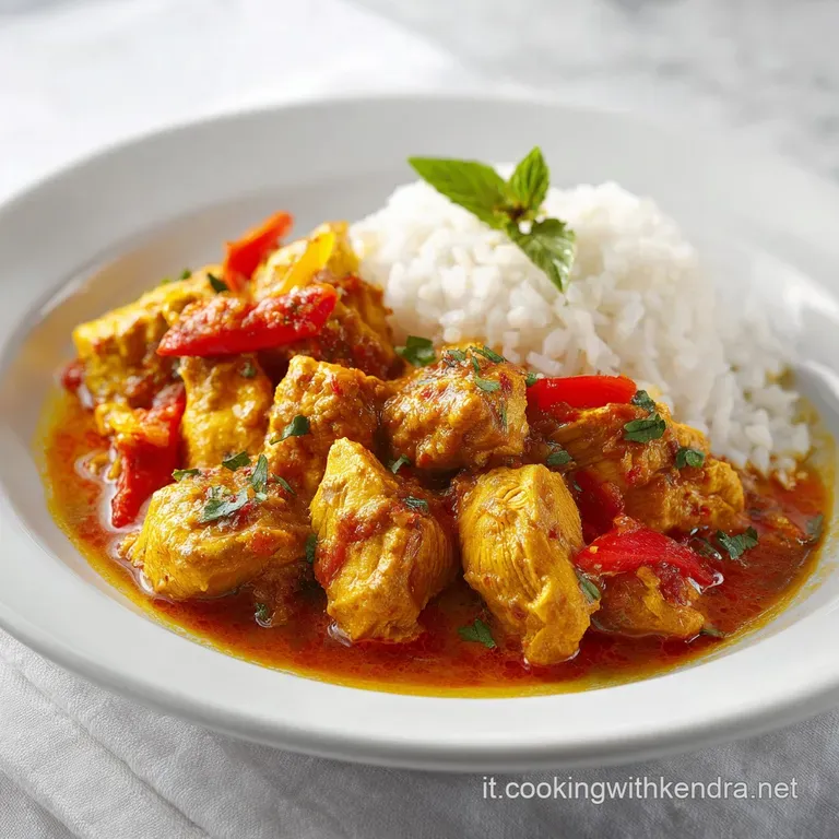 Creamy yellow chicken curry plated artfully with fragrant rice, bright green cilantro, and a drizzle of oil on a modern wh...