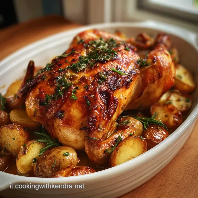 Close up of browned chicken thigh and crispy potatoes plated, garnished with parsley, hints of garlic and rosemary visible.