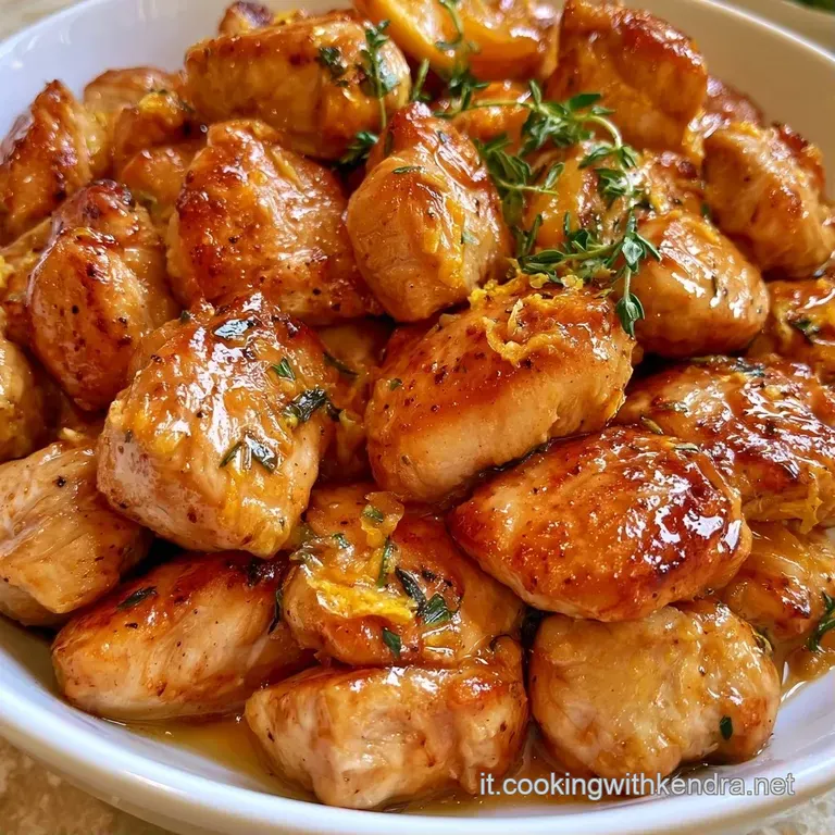 Filetti di pollo teneri e lucidi disposti con cura, guarniti da spicchi di limone succosi e foglie di prezzemolo verde.