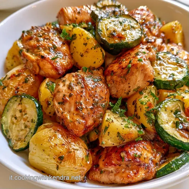 Pollo rosolato e verdure colorate disposti con cura su un piatto bianco, con un tocco di erbe aromatiche fresche.