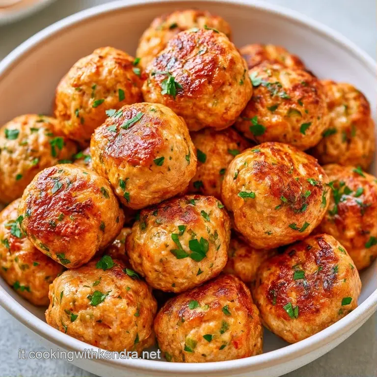 Polpette rosolate disposte con cura su un piatto moderno, con una crosta croccante e un tocco di erbe aromatiche verdi.