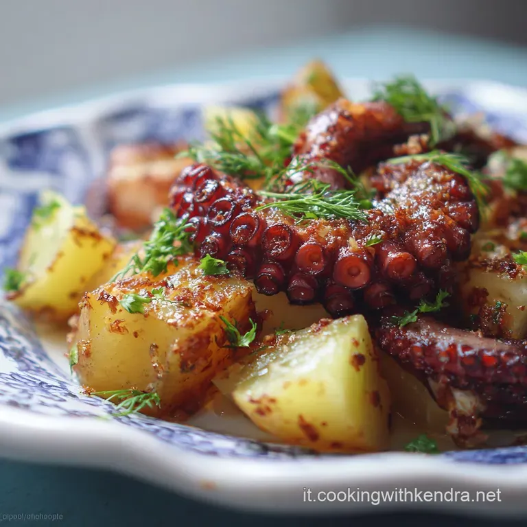 Elegant plate of tender octopus and potatoes: glistening octopus with herbs, drizzled with olive oil. Rustic, flavorful pr...