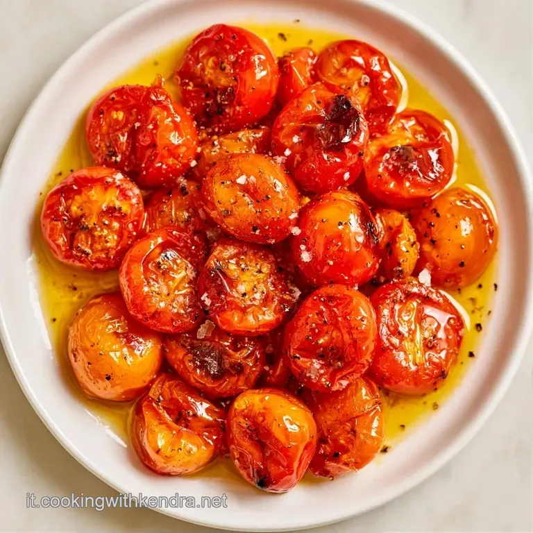 Pomodori rosso intenso disposti con cura su piatto bianco, conditi con olio lucido e un pizzico di sale grosso.