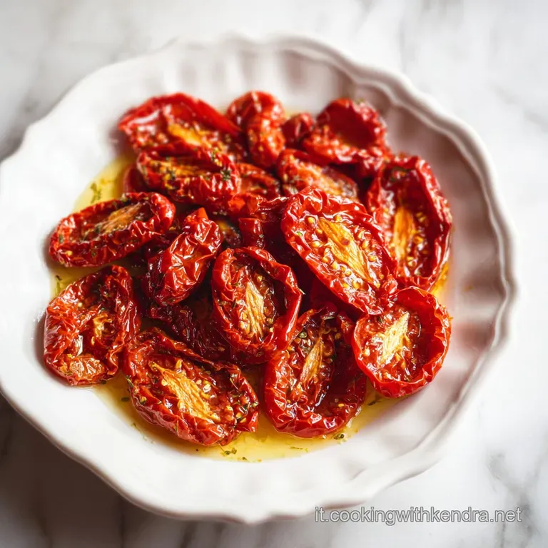 Bright red sun-dried tomatoes artfully arranged on a rustic wooden board, drizzled with olive oil, sprinkled with fresh he...