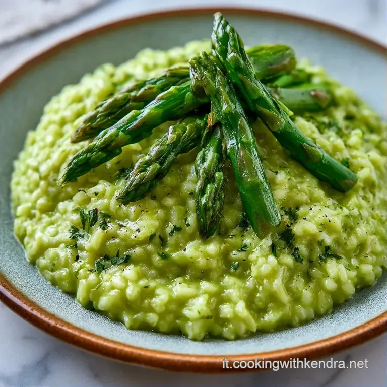 Risotto vellutato color crema disposto con cura, decorato con asparagi teneri e scaglie di formaggio bianco latte.