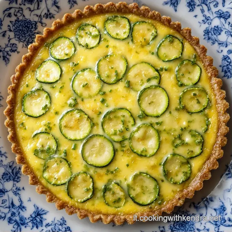 Una fetta di quiche su piatto bianco, crosta bruna friabile e zucchine tenere, guarnita con foglioline di basilico.