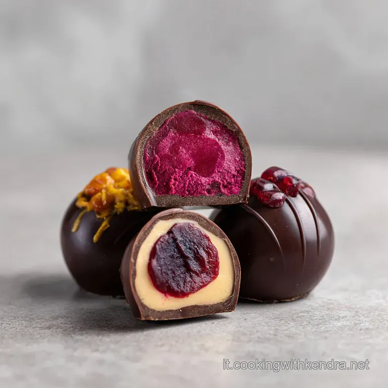 Rich, dark chocolate bonbons artfully arranged on a white porcelain plate, dusted with gold leaf.