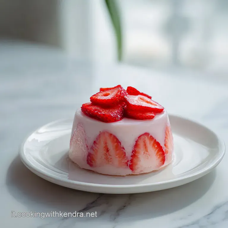 Elegante coppa di vetro con mousse rosa vellutata, sormontata da una fragola rossa lucida e un filo di sciroppo dolce.