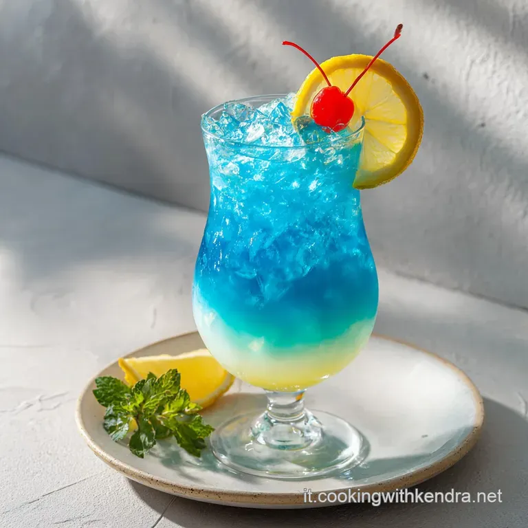 A tall glass of tropical blue cocktail, garnished with fruit, sits poolside, inviting and refreshing on a sunny day.