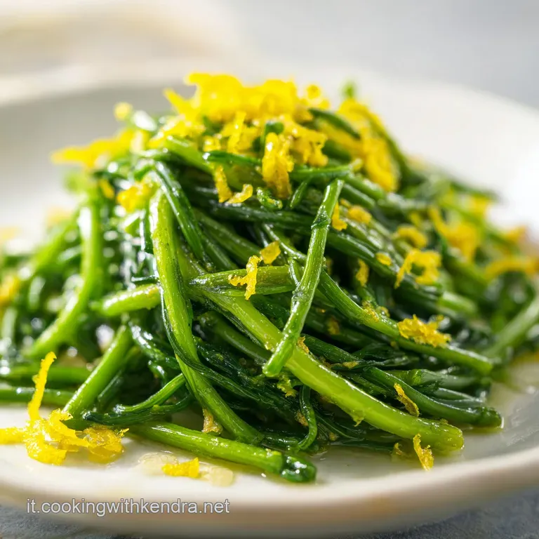 Elegante composizione di vegetali verdi filiformi disposti a ciuffo su ceramica bianca, con gocce di succo di limone.