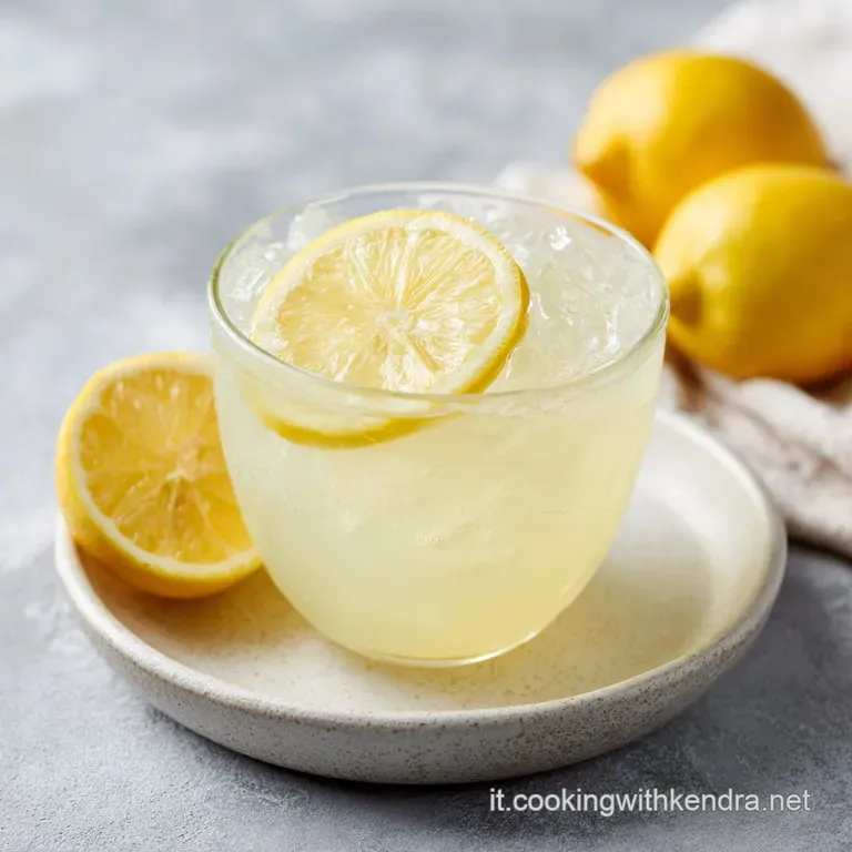 Chilled Limonata in a tall glass, lemon wedge resting on the rim. Beads of condensation suggest a thirst-quenching treat.