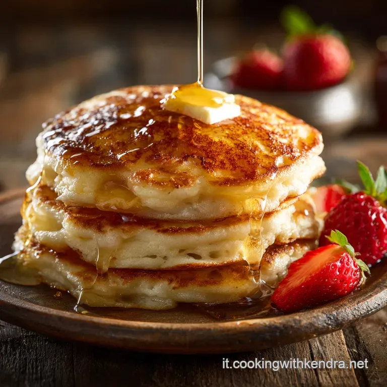 Fluffy pancakes stacked on a white plate, topped with syrup and berries, fork resting beside. Inviting breakfast scene.